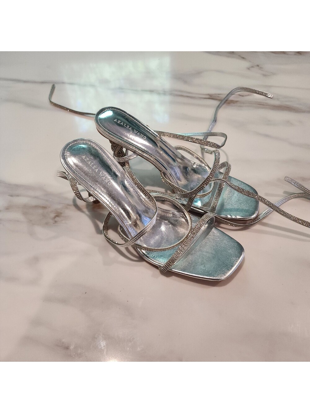 Azalea Wang Silver Rhinestone Strappy Sandals Embellished Heels Size 11 new